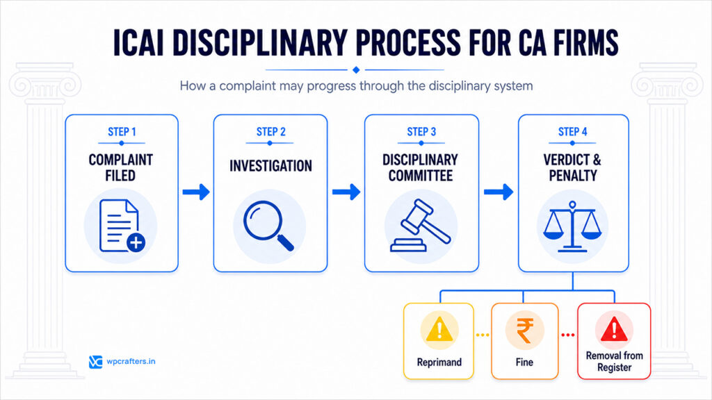 ICAI disciplinary process flowchart for CA firm advertising violations
